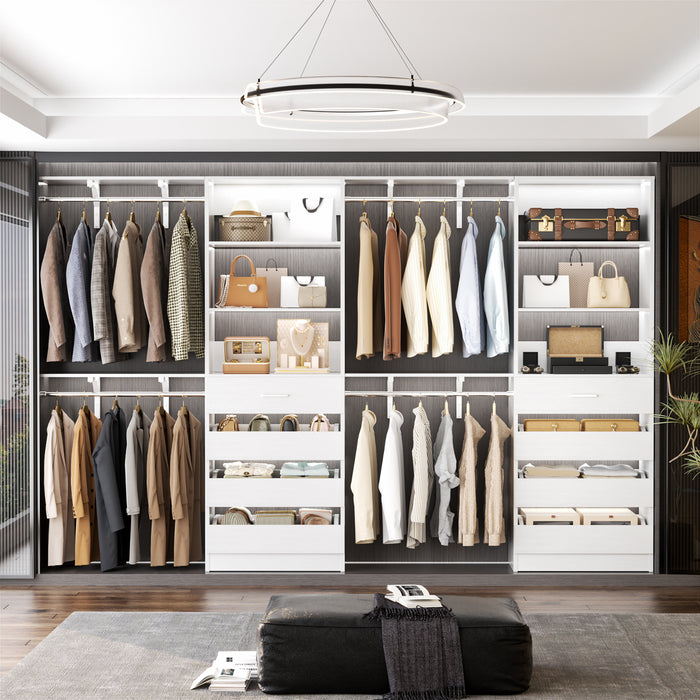 80 - 117 Inch Closet System with 8 Wooden Drawers, 4 Hanging Rods & Shelf Towers, Set of 2