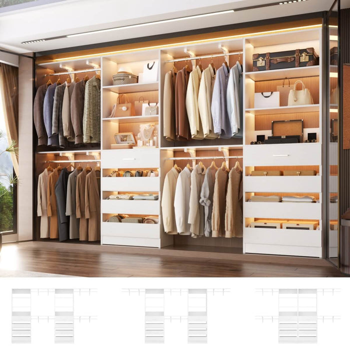 80 - 117 Inch Closet System with 8 Wooden Drawers, 4 Hanging Rods & Shelf Towers, Set of 2