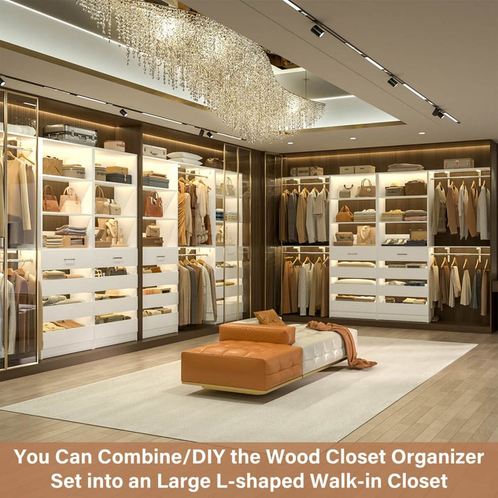 80 - 117 Inch Closet System with 8 Wooden Drawers, 4 Hanging Rods & Shelf Towers, Set of 2