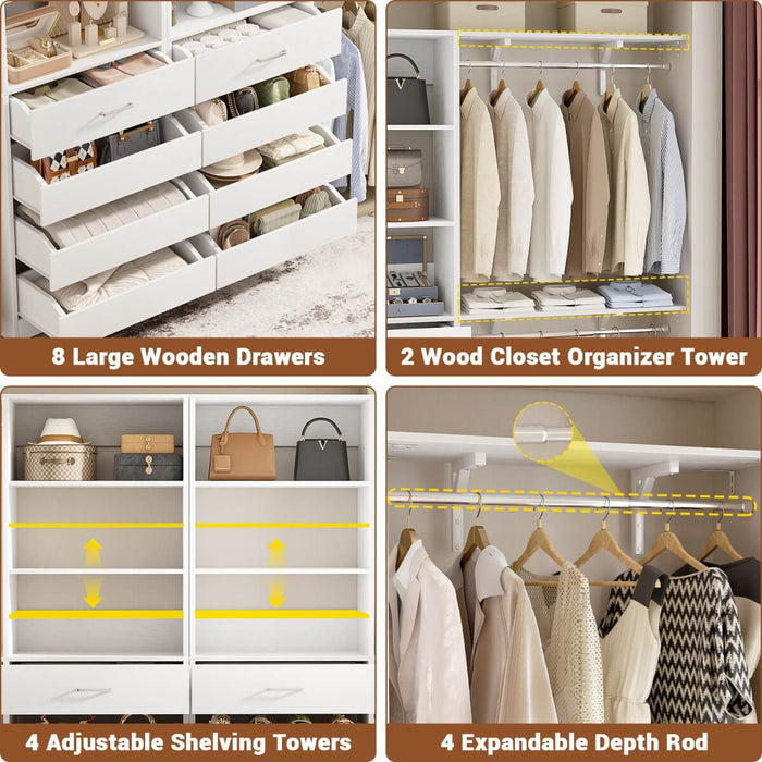 80 - 117 Inch Closet System with 8 Wooden Drawers, 4 Hanging Rods & Shelf Towers, Set of 2