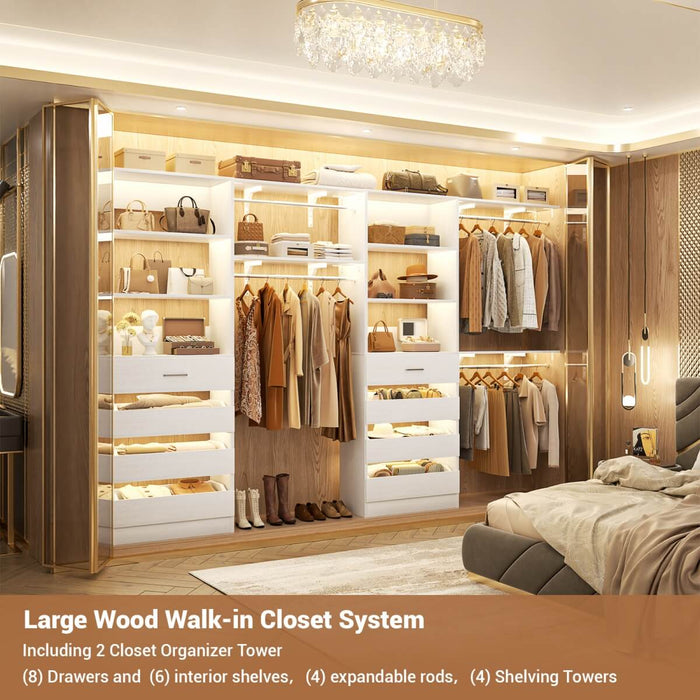 80 - 117 Inch Closet System with 8 Wooden Drawers, 4 Hanging Rods & Shelf Towers, Set of 2