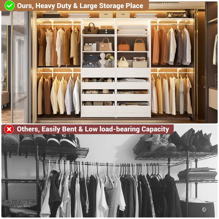 80 - 117 Inch Closet System with 8 Wooden Drawers, 4 Hanging Rods & Shelf Towers, Set of 2