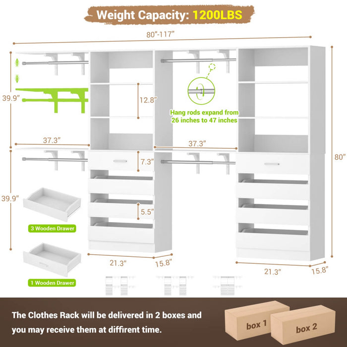 80 - 117 Inch Closet System with 8 Wooden Drawers, 4 Hanging Rods & Shelf Towers, Set of 2
