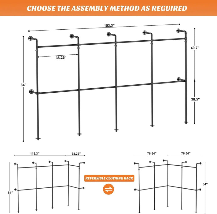 3.5 - 13 FT Wall Mounted Industrial Metal Pipe Clothing Rack, Reversible