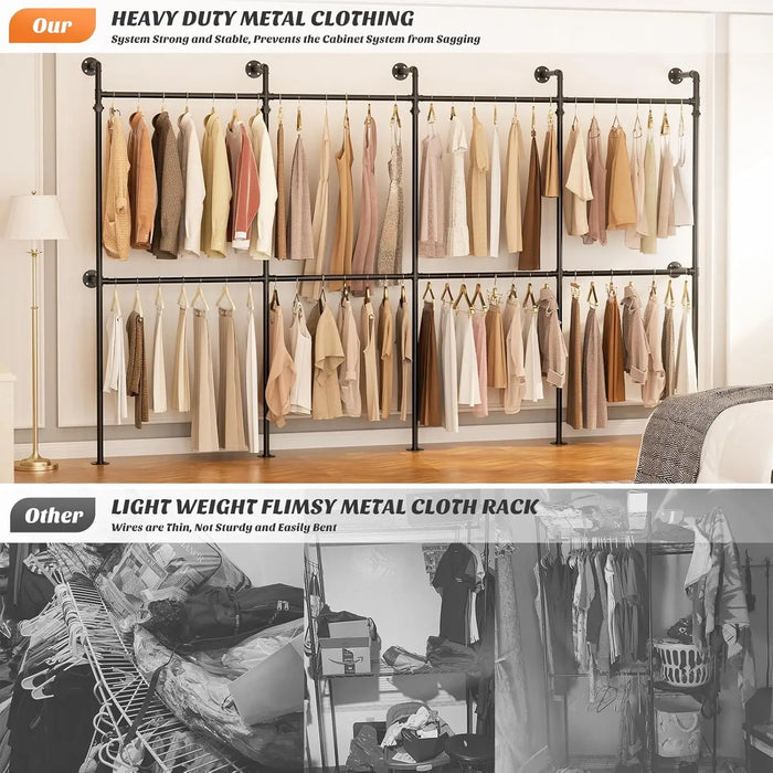 3.5 - 13 FT Wall Mounted Industrial Metal Pipe Clothing Rack, Reversible