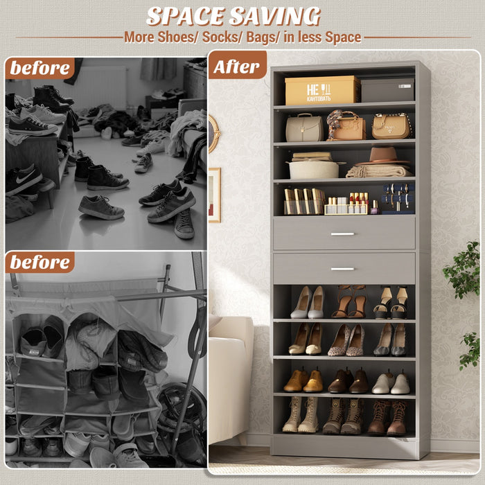 8-Tier Tall Shoe Rack with 2 Drawers