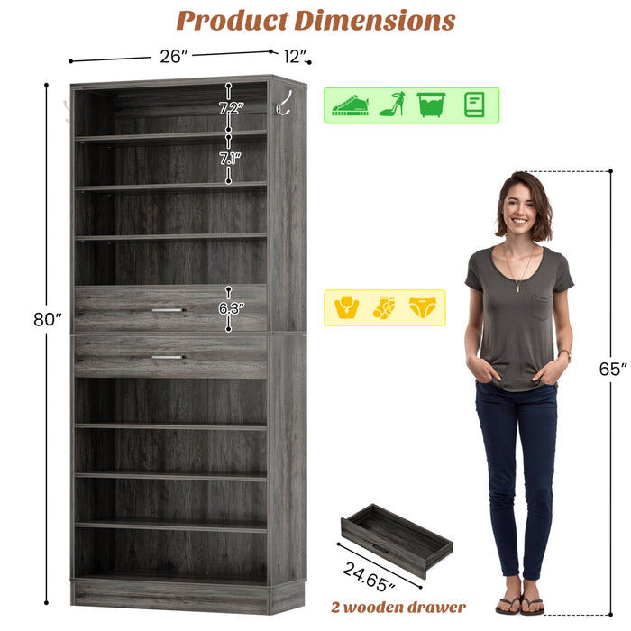 8-Tier Tall Shoe Rack with 2 Drawers
