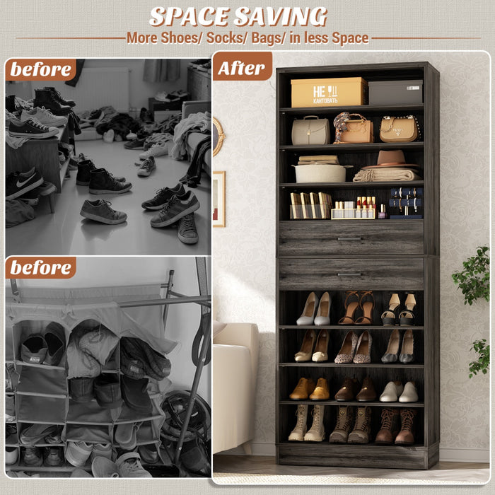 8-Tier Tall Shoe Rack with 2 Drawers
