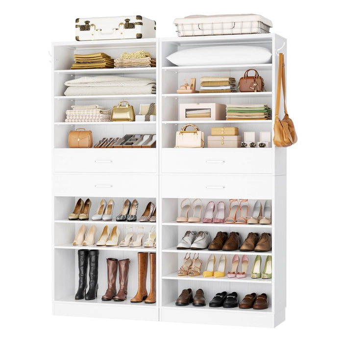 8 Tier Tall Shoe Rack Cabinet with 2 Drawers and Hooks, 2-Piece Set