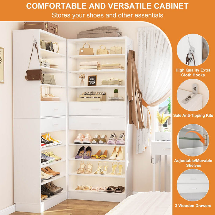 8 Tier Tall Shoe Rack Cabinet with 2 Drawers and Hooks, 2-Piece Set