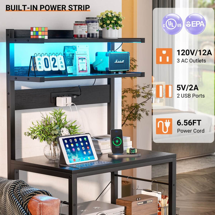 5-Tier Bakers Rack with Power Outlet & LED Lights, Coffee Bar Station with 6 S-Hooks