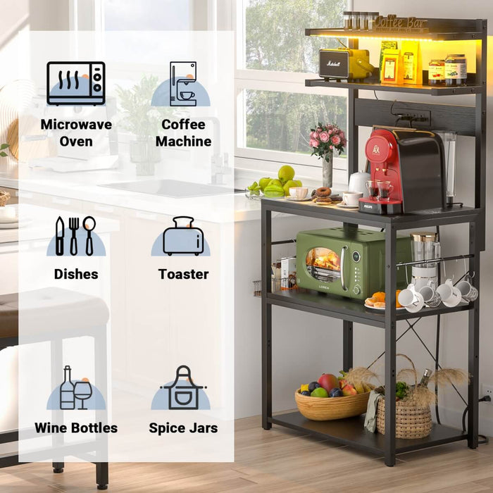 5-Tier Bakers Rack with Power Outlet & LED Lights, Coffee Bar Station with 6 S-Hooks