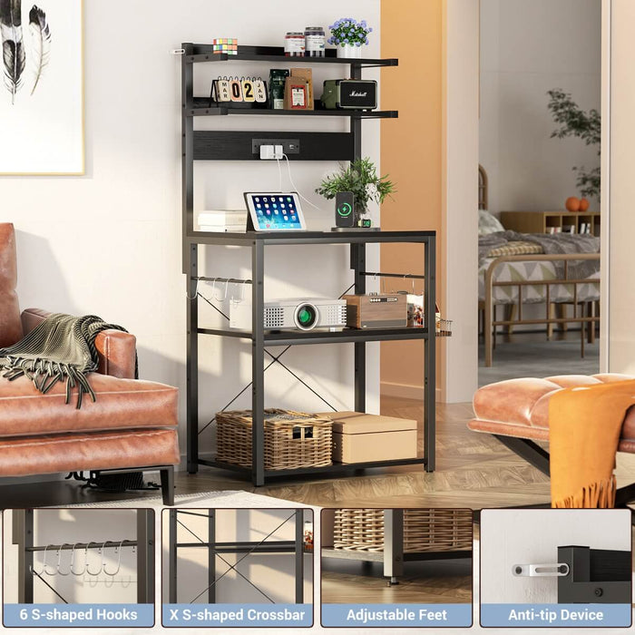 5-Tier Bakers Rack with Power Outlet & LED Lights, Coffee Bar Station with 6 S-Hooks