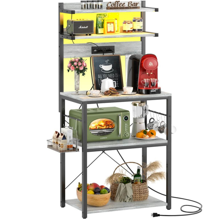 5-Tier Bakers Rack with Power Outlet & LED Lights, Coffee Bar Station with 6 S-Hooks