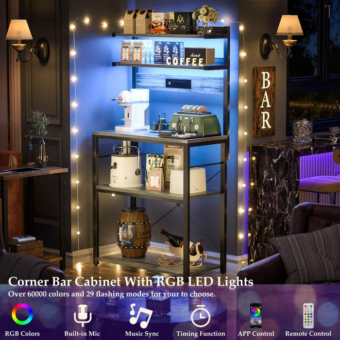 5-Tier Bakers Rack with Power Outlet & LED Lights, Coffee Bar Station with 6 S-Hooks