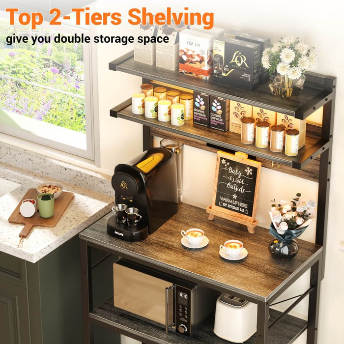 5-Tier Bakers Rack with Power Outlet & LED Lights, Coffee Bar Station with 6 S-Hooks