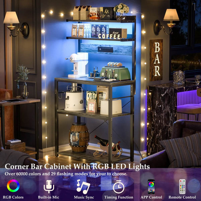 5-Tier Bakers Rack with Power Outlet & LED Lights, Coffee Bar Station with 6 S-Hooks