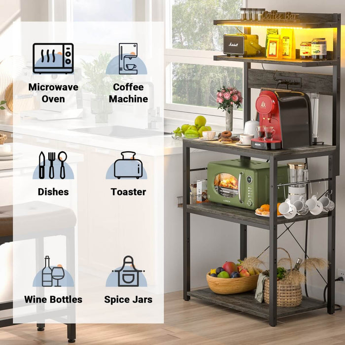 5-Tier Bakers Rack with Power Outlet & LED Lights, Coffee Bar Station with 6 S-Hooks