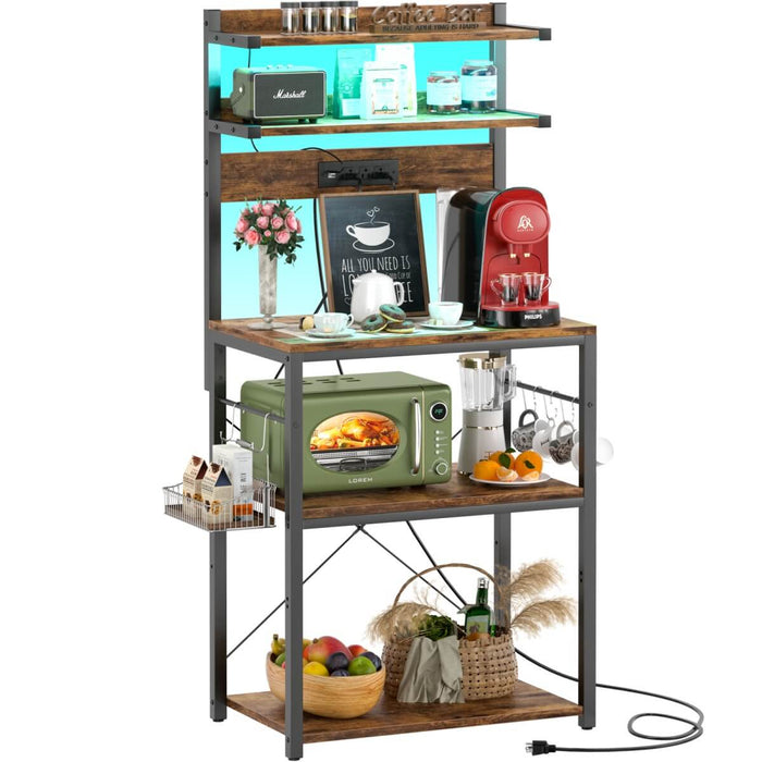 5-Tier Bakers Rack with Power Outlet & LED Lights, Coffee Bar Station with 6 S-Hooks