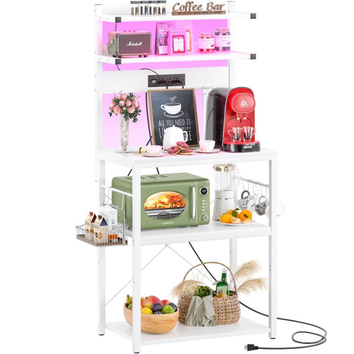 5-Tier Bakers Rack with Power Outlet & LED Lights, Coffee Bar Station with 6 S-Hooks
