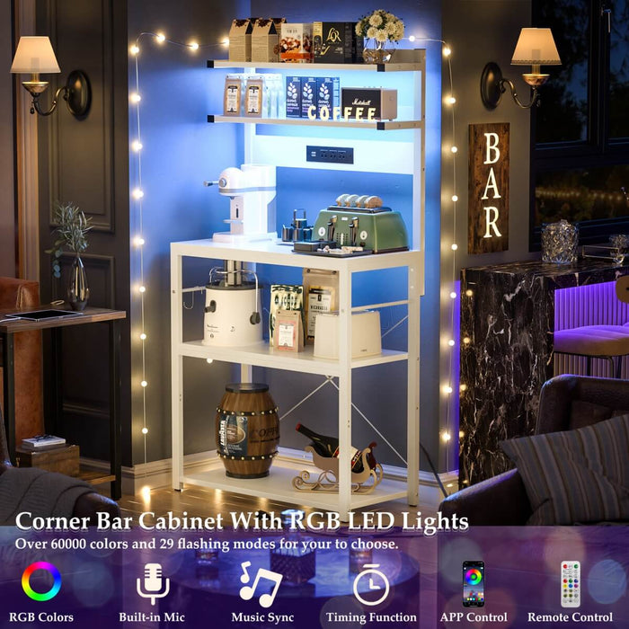 5-Tier Bakers Rack with Power Outlet & LED Lights, Coffee Bar Station with 6 S-Hooks