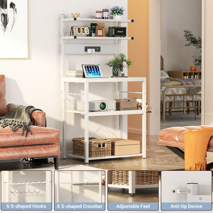 5-Tier Bakers Rack with Power Outlet & LED Lights, Coffee Bar Station with 6 S-Hooks