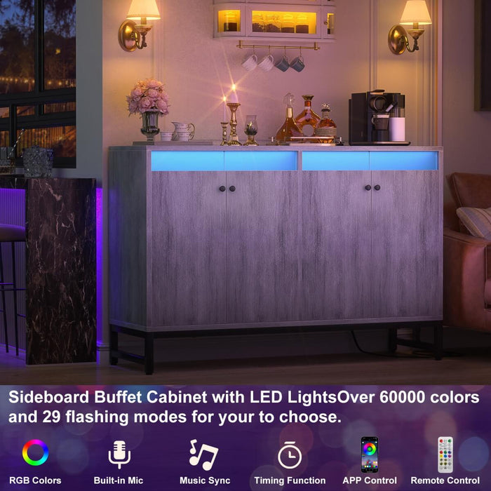 4 Doors Sideboard Buffet Cabinet with Outlets & LED Lights