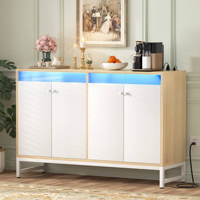 4 Doors Sideboard Buffet Cabinet with Outlets & LED Lights