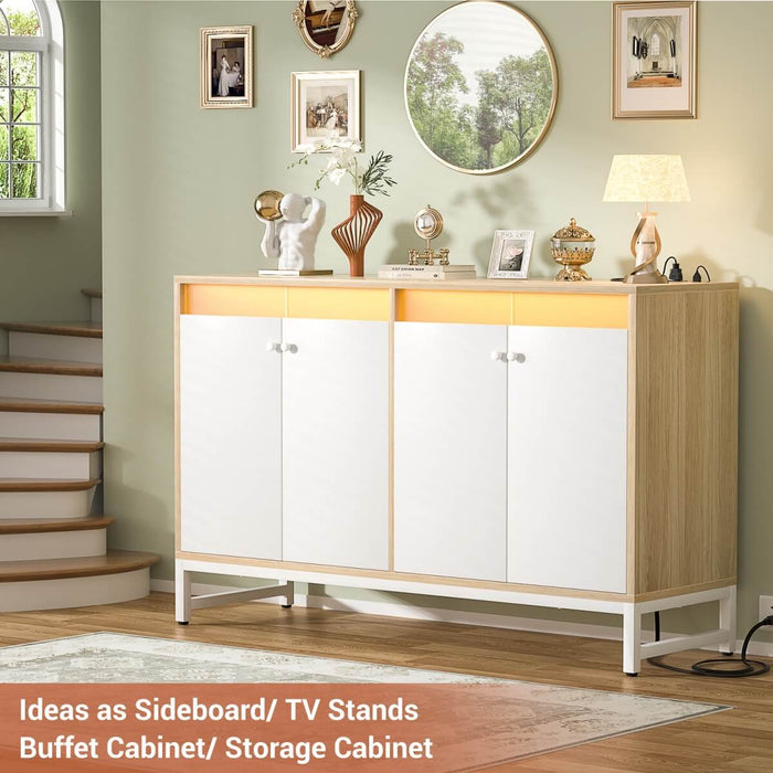 4 Doors Sideboard Buffet Cabinet with Outlets & LED Lights