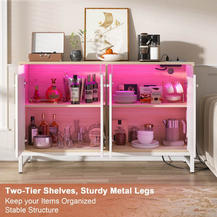 4 Doors Sideboard Buffet Cabinet with Outlets & LED Lights