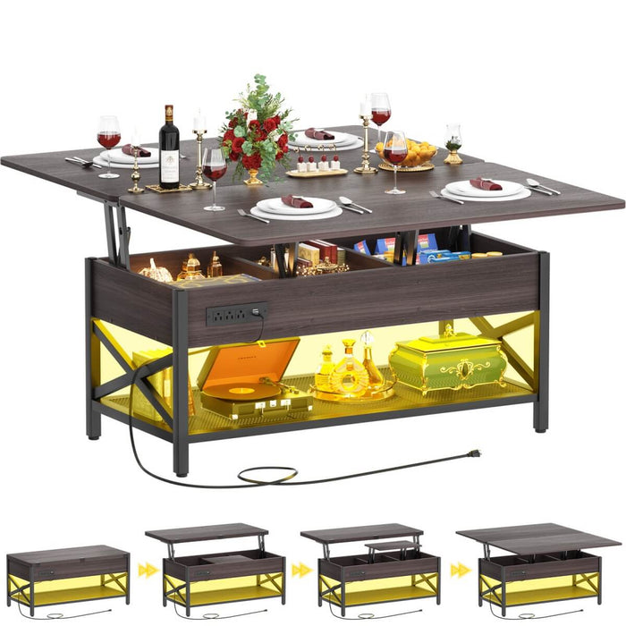 Lift-Top Coffee Table with LED Light & Power Outlet, Dining Table with Storage