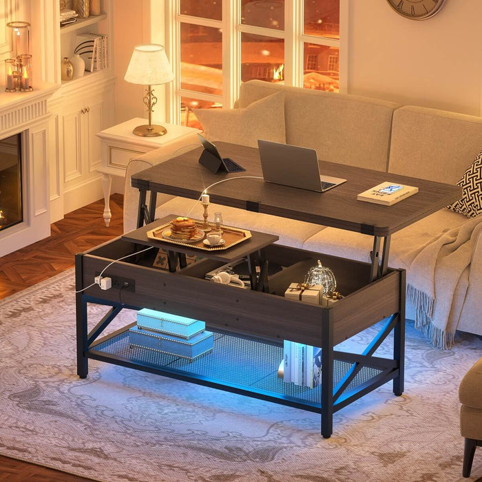 Lift-Top Coffee Table with LED Light & Power Outlet, Dining Table with Storage