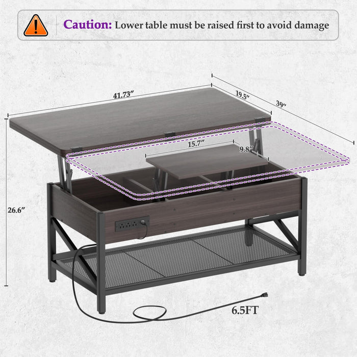Lift-Top Coffee Table with LED Light & Power Outlet, Dining Table with Storage