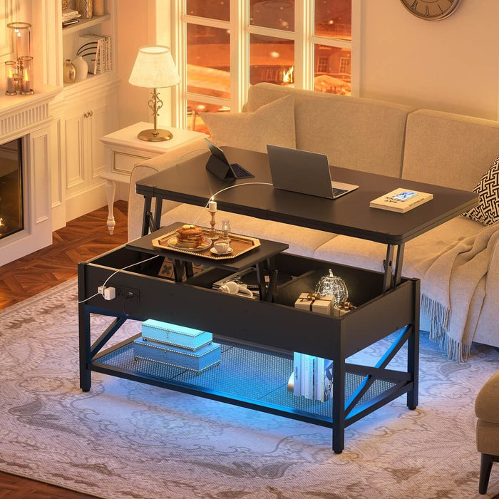 Lift-Top Coffee Table with LED Light & Power Outlet, Dining Table with Storage