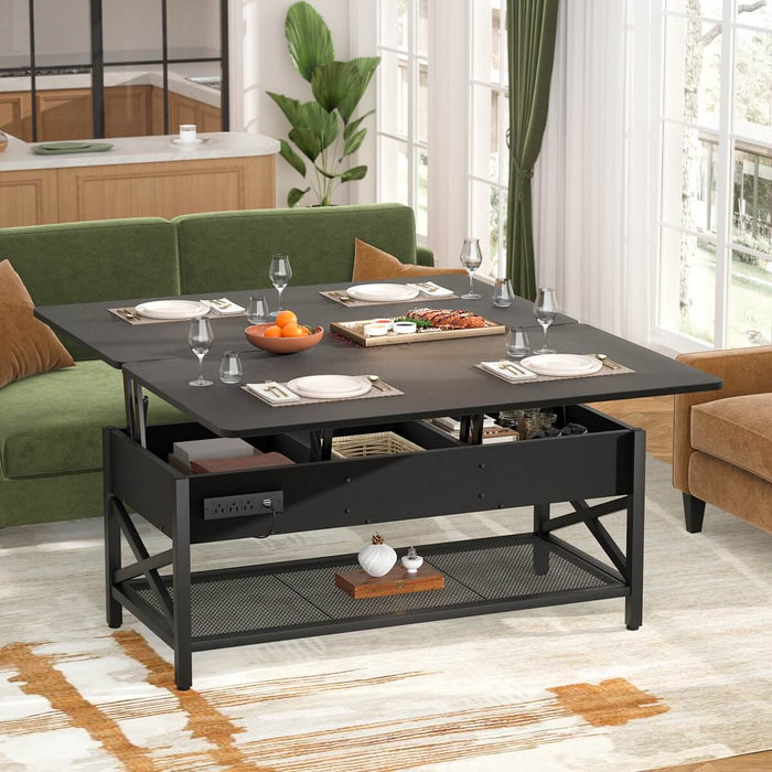 Lift-Top Coffee Table with LED Light & Power Outlet, Dining Table with Storage