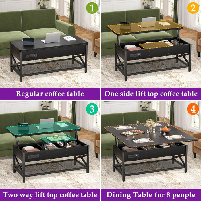 Lift-Top Coffee Table with LED Light & Power Outlet, Dining Table with Storage