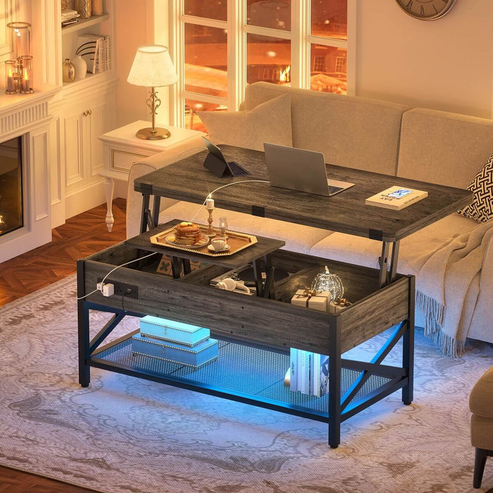 Lift-Top Coffee Table with LED Light & Power Outlet, Dining Table with Storage