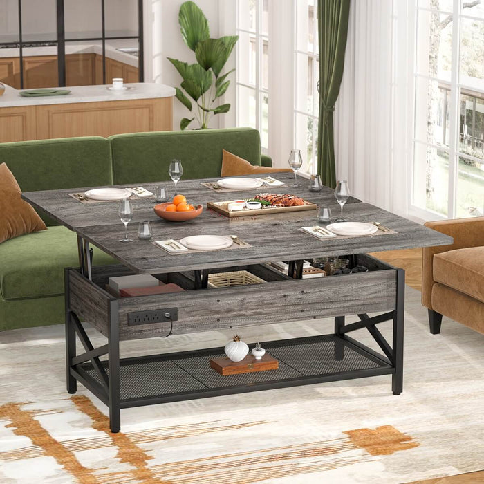 Lift-Top Coffee Table with LED Light & Power Outlet, Dining Table with Storage