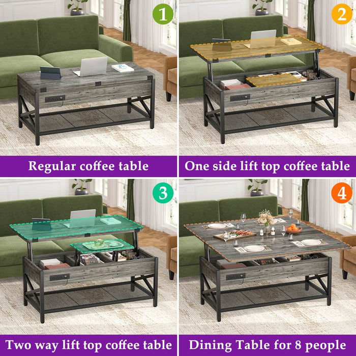 Lift-Top Coffee Table with LED Light & Power Outlet, Dining Table with Storage