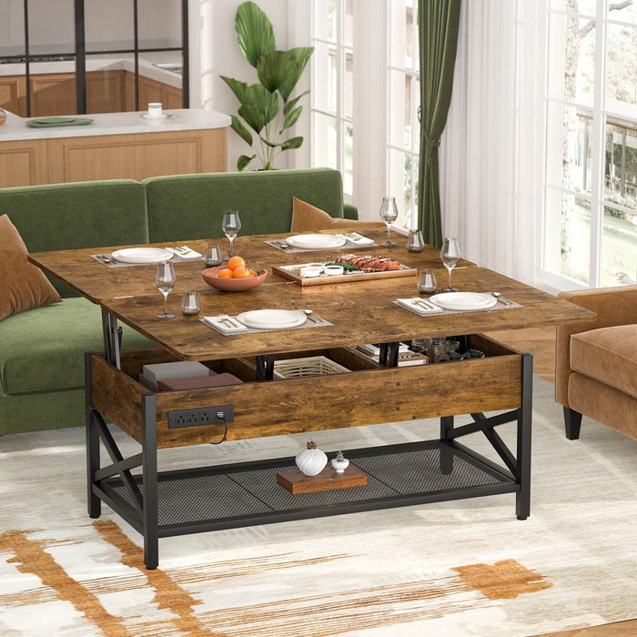 Lift-Top Coffee Table with LED Light & Power Outlet, Dining Table with Storage