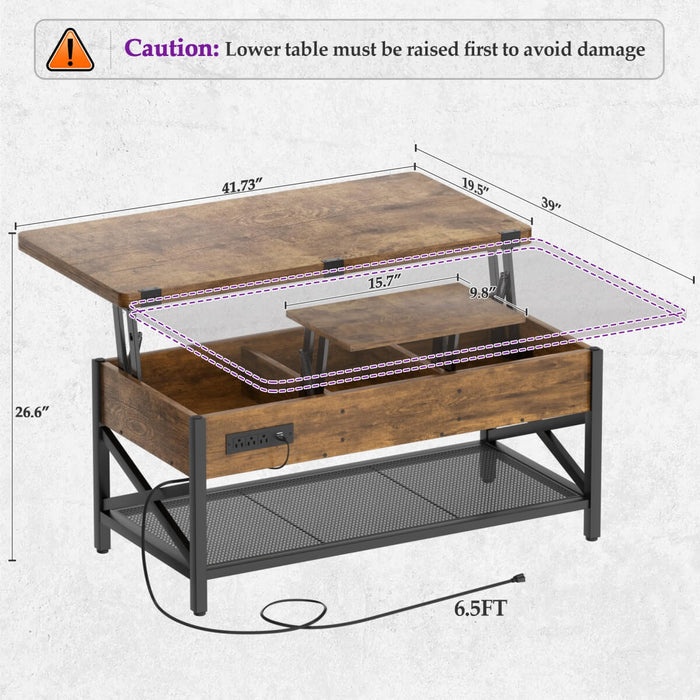 Lift-Top Coffee Table with LED Light & Power Outlet, Dining Table with Storage