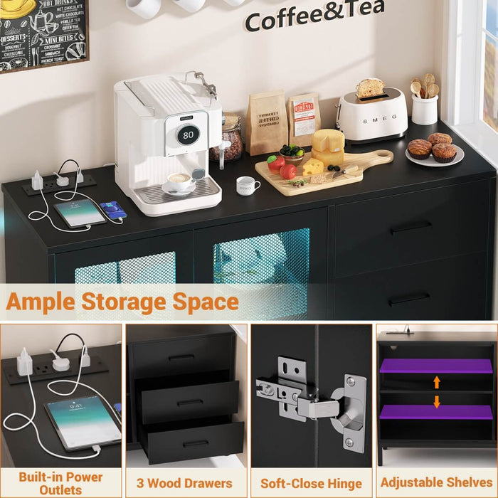 Sideboard Buffet Cabinet with 3 Drawer & Doors, and Power Outlets