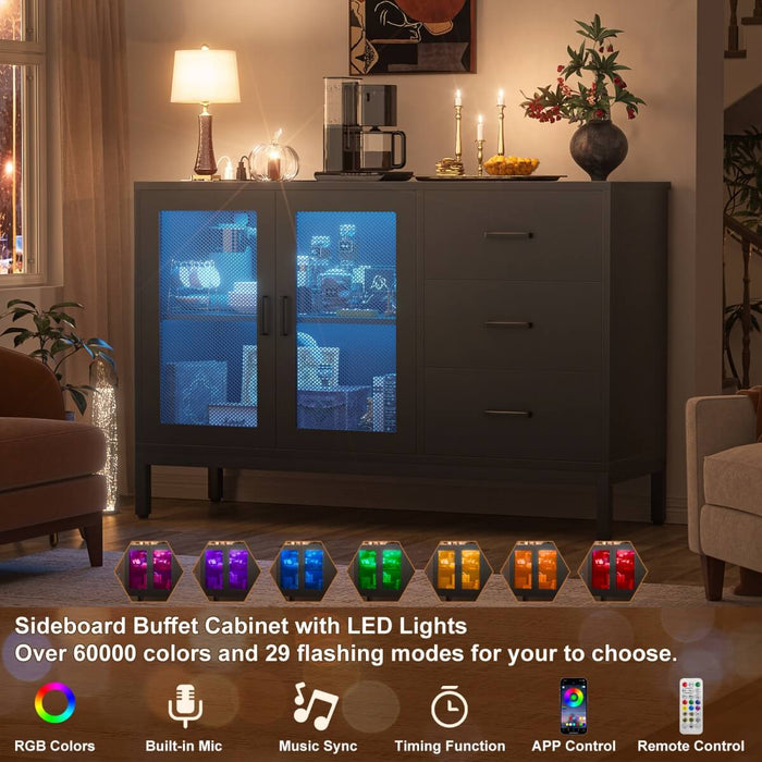 Sideboard Buffet Cabinet with 3 Drawer & Doors, and Power Outlets