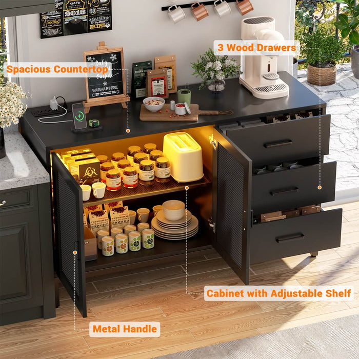 Sideboard Buffet Cabinet with 3 Drawer & Doors, and Power Outlets