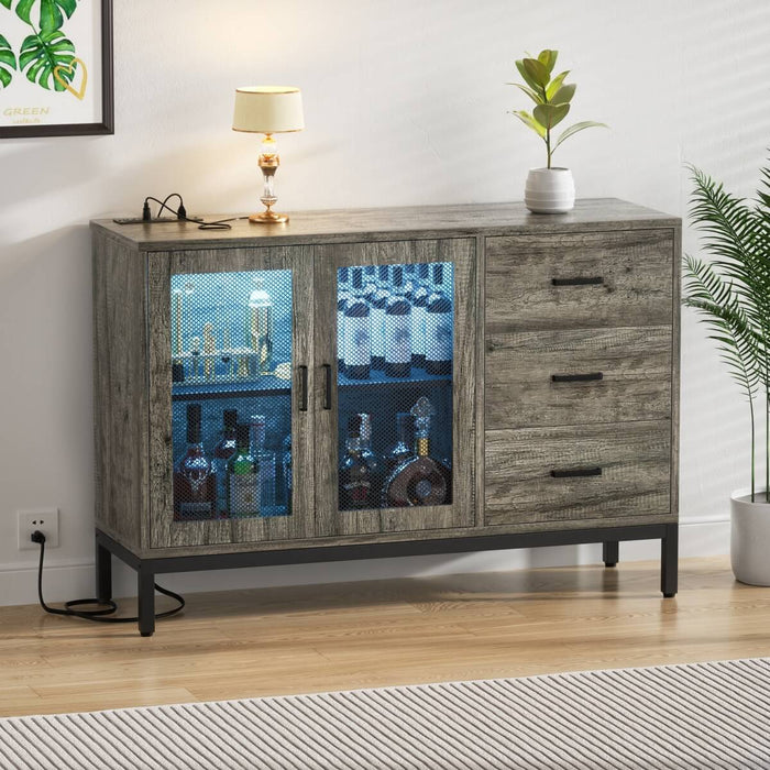 Sideboard Buffet Cabinet with 3 Drawer & Doors, and Power Outlets