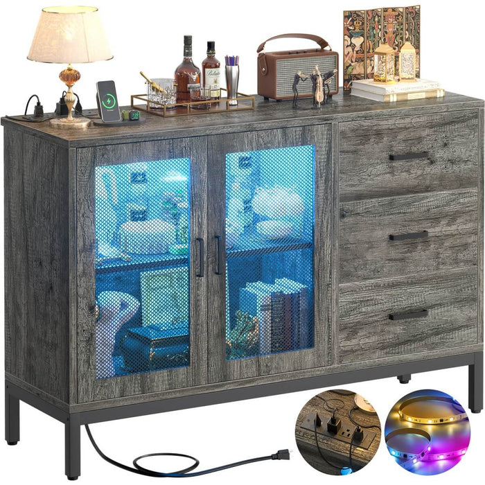 Sideboard Buffet Cabinet with 3 Drawer & Doors, and Power Outlets