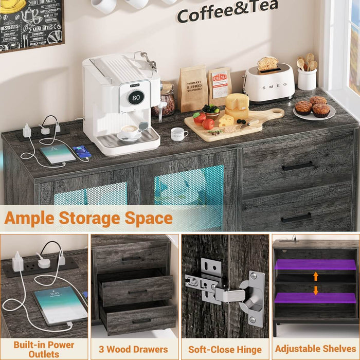 Sideboard Buffet Cabinet with 3 Drawer & Doors, and Power Outlets