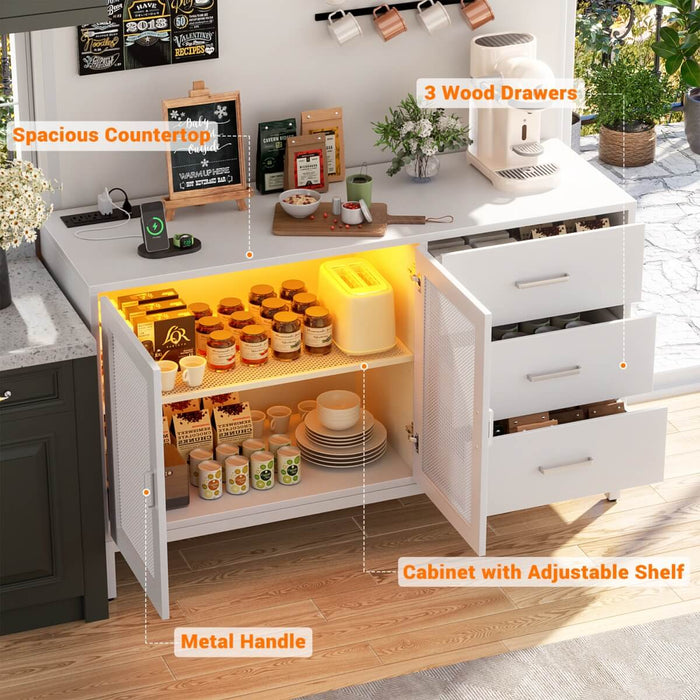 Sideboard Buffet Cabinet with 3 Drawer & Doors, and Power Outlets