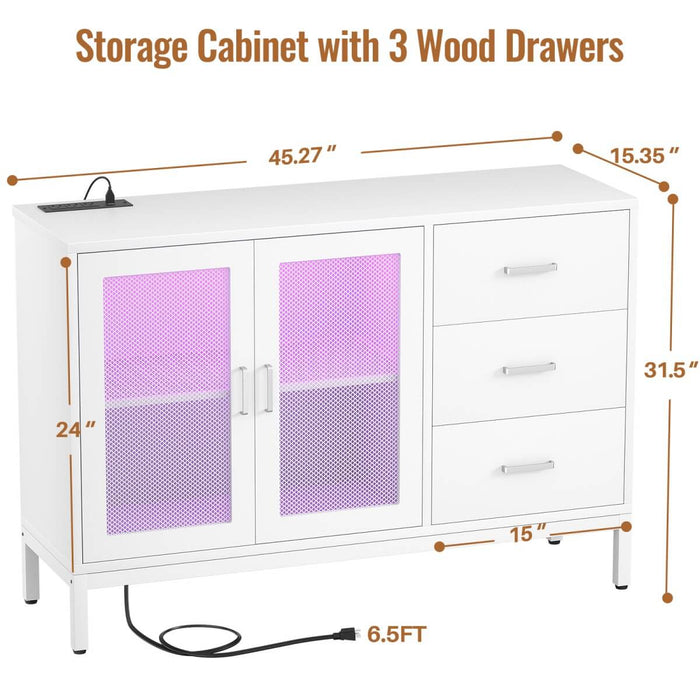 Sideboard Buffet Cabinet with 3 Drawer & Doors, and Power Outlets