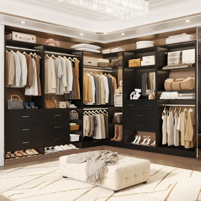 Walk in Closet Organizer System with Drawers, Shelves and Hanging Rods, 4-Piece Set